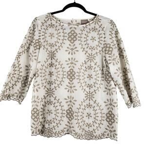 Chicos Women's S Embroidered Leaf Print‎ Top Cream Tan Boho Cottagecore Neutral